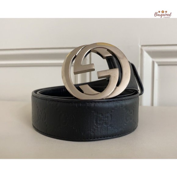 Authentic Gucci Black Guccissima Leather Silver Interlocking G Buckle Belt 85/34 - Picture 12 of 13